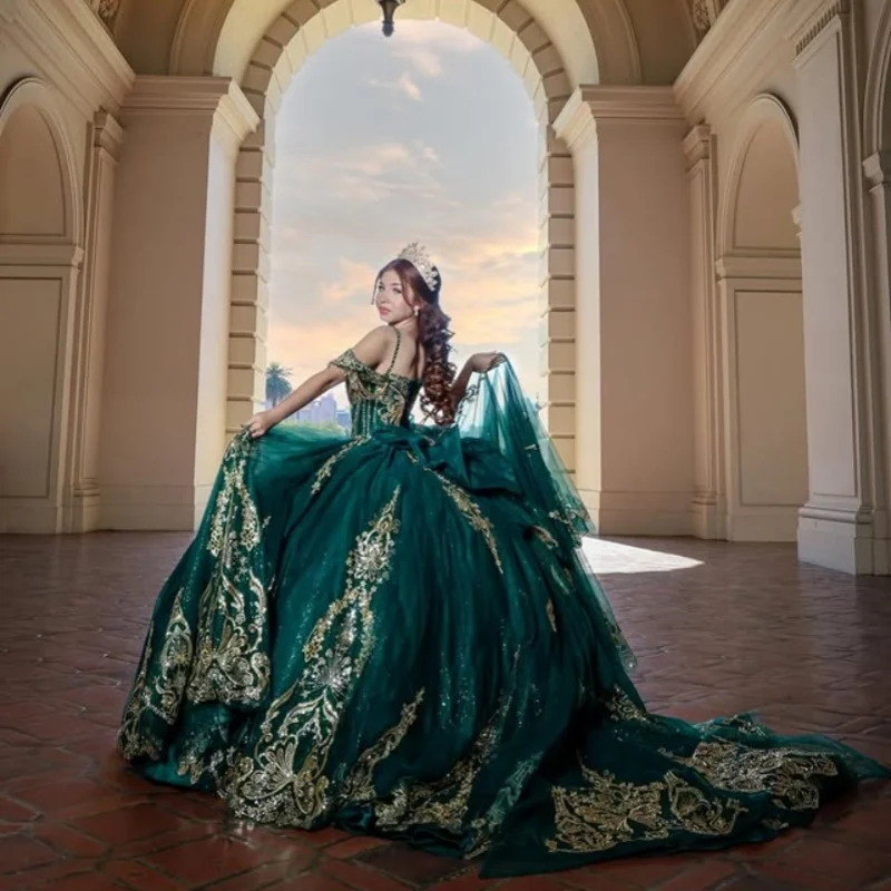 Aangepaste donkergroene Quinceanera Jurken Uit de Schouder pailletten sticker kristal Kant Grote Boog Lange staart Vestido 15 Quinceanera