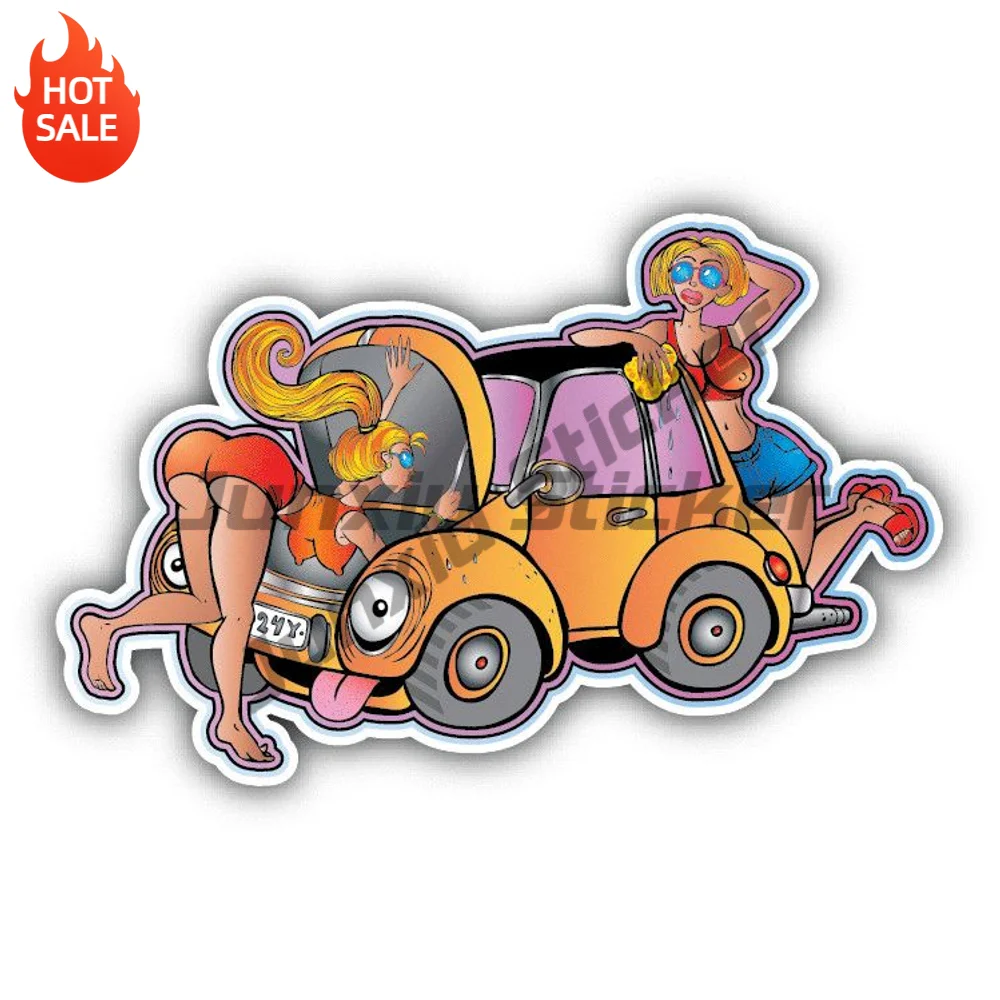 Girl Old Car Wash Young Vinyl Car Sticker Self Adhesive Decal For Rear Window And Travel Bag Exterior Decoration
