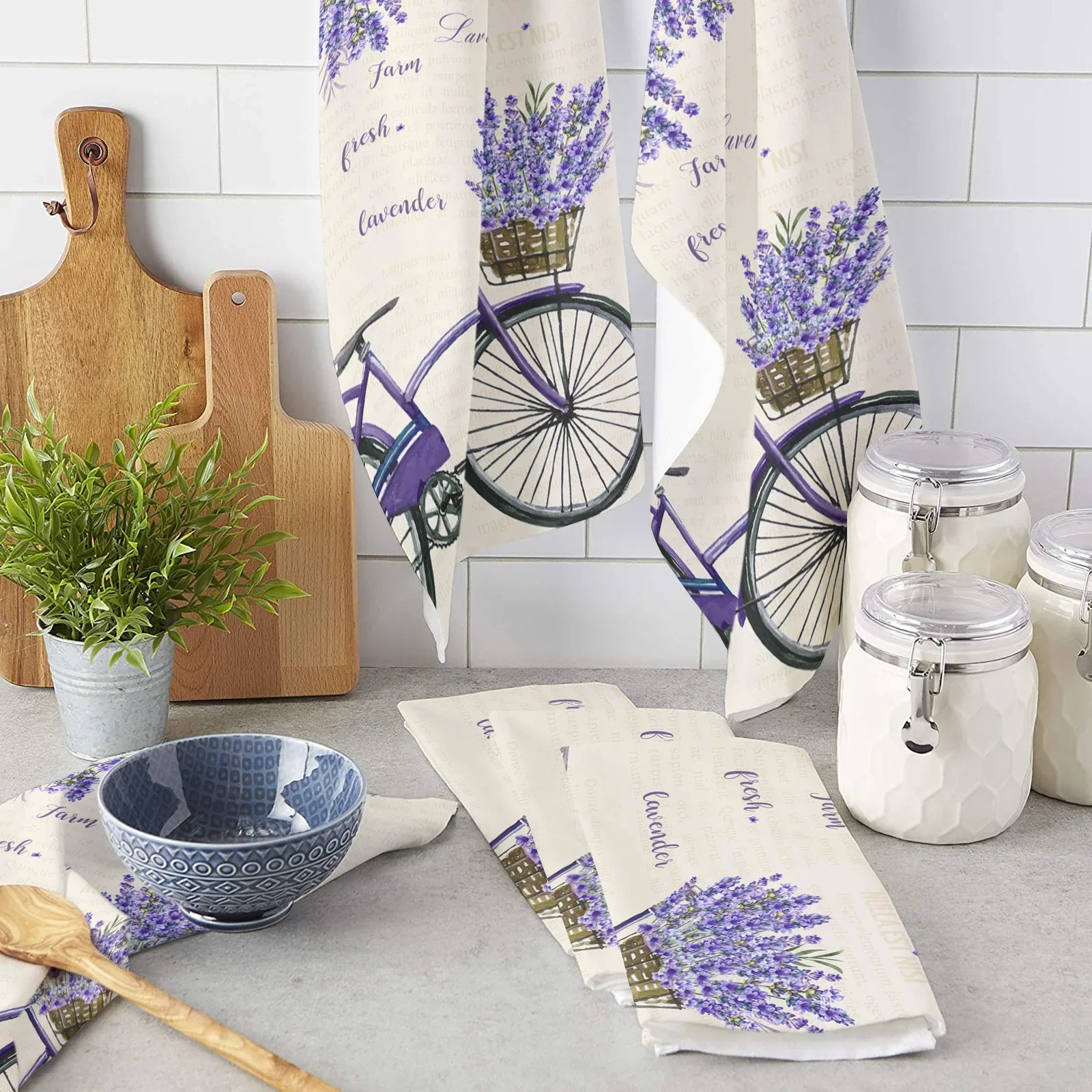 Farm Purple Fresh Flower Lavender Bicycle Printed Tea Hand Towel Kitchen Dishcloth Water Absorption Household Cleaning Cloth