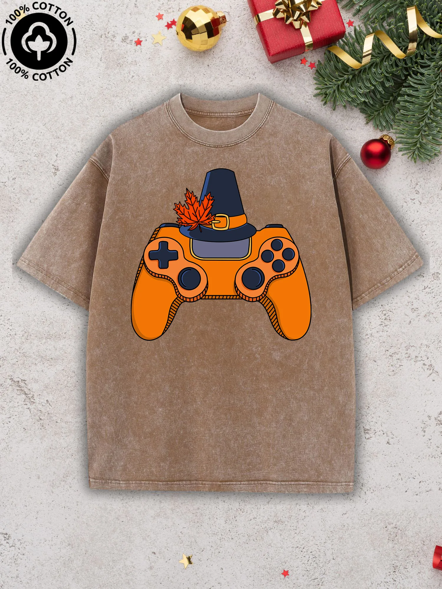

Thanksgiving Hat Game Controller Men's Graphic Tee, Pure Cotton Vintage Camel T-Shirt, Retro Street Drop Shoulder Tee