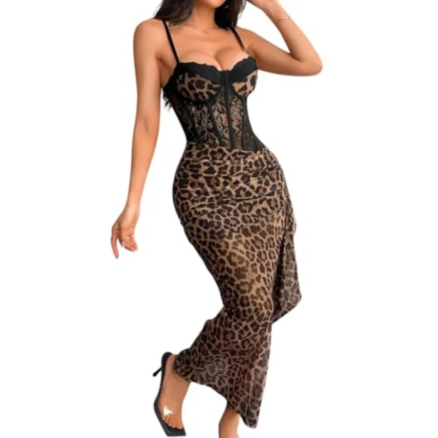 

ChiaoLezhee Women's Sexy Lace Bustier Maxi Dress, Built-in Bra Underwire Corset Bodycon Clubwear Festival Outfits