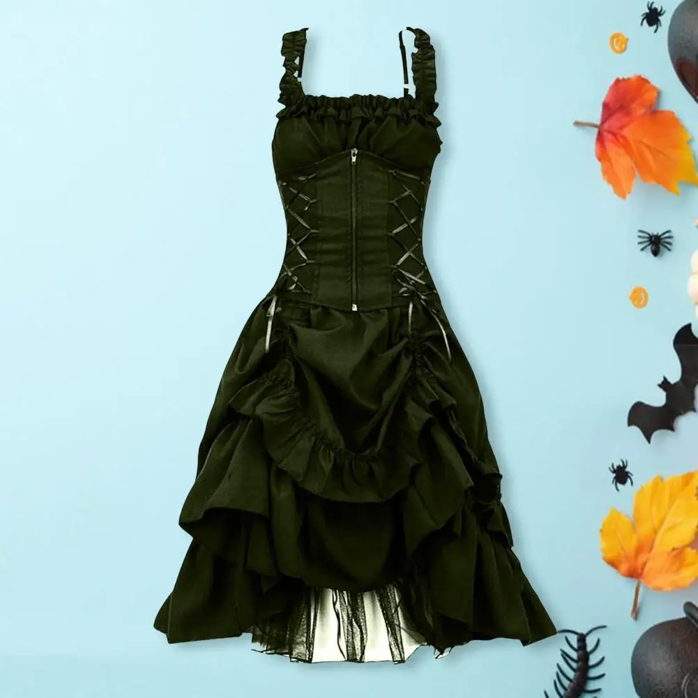 

Irregular Hem Dress Gothic Style Witch Cosplay Dress with Layered Ruffle Hem Mesh Halloween Party Costume Women's Lace-up Strap