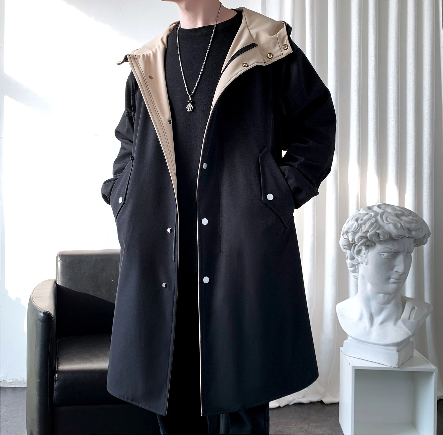 Casual Loose Oversized Windbreaker Fashionable Contrasting Hooded Jacket Men Pocket Zippered Coat Knee Length Top Trendy Clothes