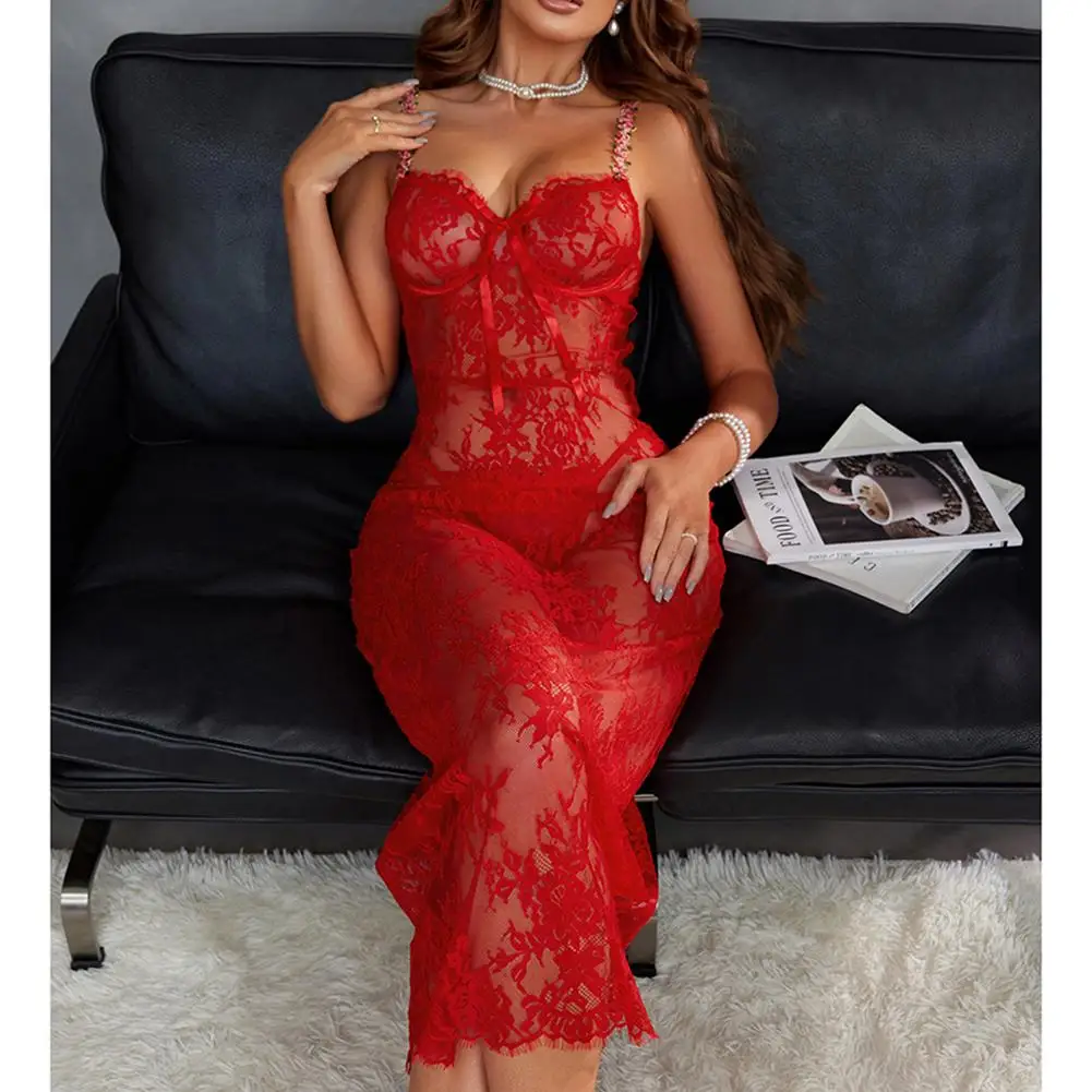 

Элегантное прозрачное сетчатое кружевное платье макси с цветочным принтом и бретельками для женщин. Прозрачный стиль. Подходит для настроек дома и отеля.