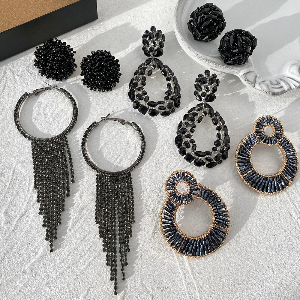 Lifefontier Vintage Black Full Rhinestone Geometric Drop Earrings For Women Exaggeration Square Heart Charms Earring Jewelry