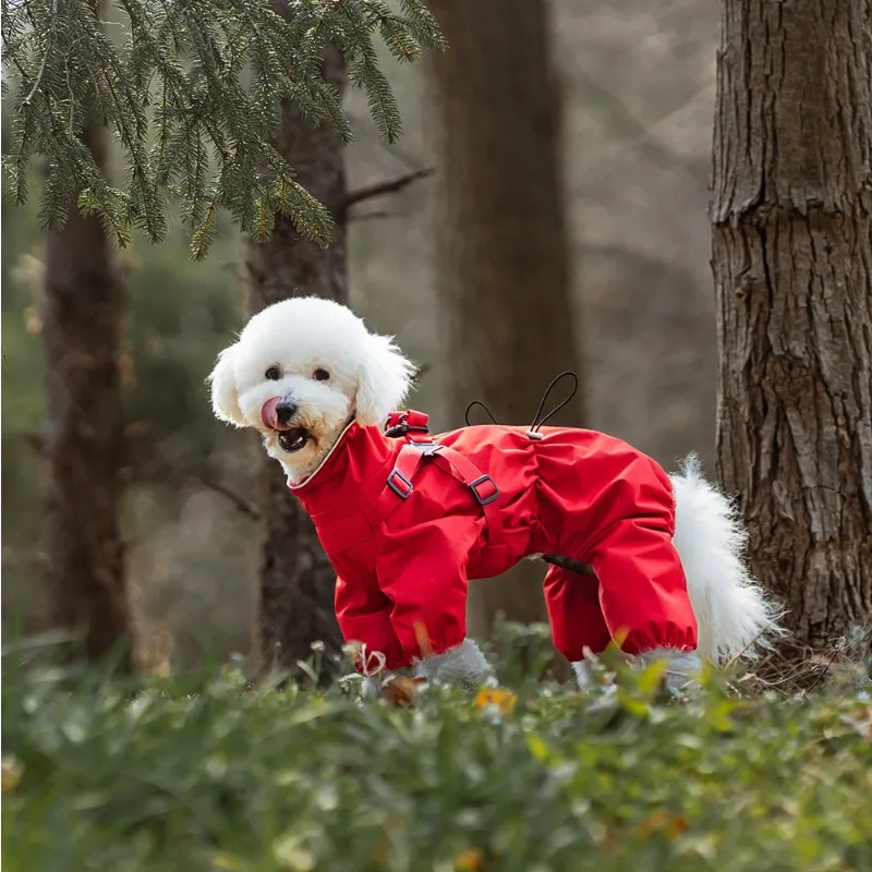

Hot Sale Dog Raincoat with Harness Waterproof Pet Rain Jacket for Small Dogs Adjustable Reflective Dog Rain Overalls with 4 Legs