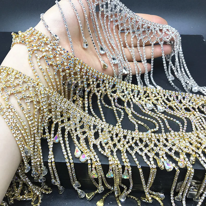 10/20cm Bling Rhinestone Crystal Chain Tassel Fringe Trim Ribbon Dress Wedding jewelry Garment Decor Costume Applique Diy Sewing