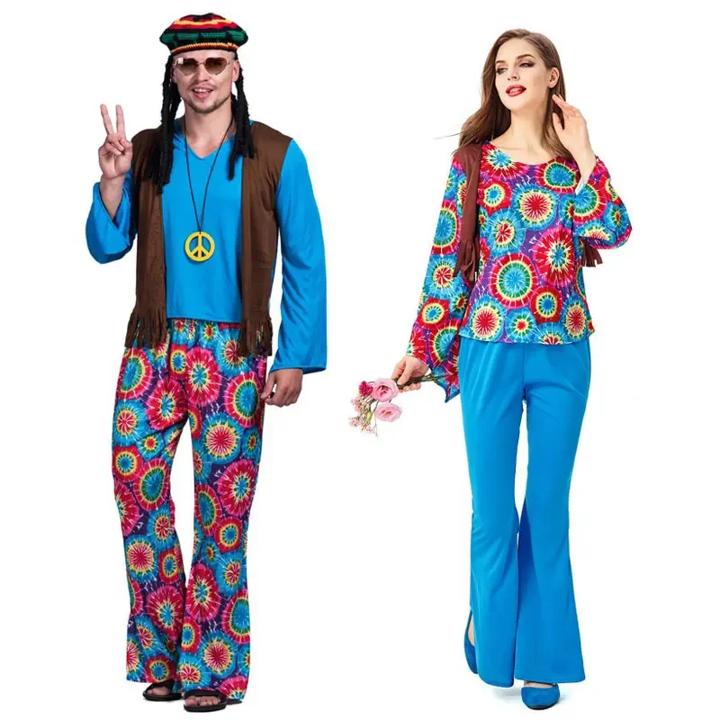 Volwassen Retro 60S 70S Hippie Love Peace Kostuum Cosplay Vrouwen Mannen Koppels Halloween Purim Feestkostuums Verkleedkleding