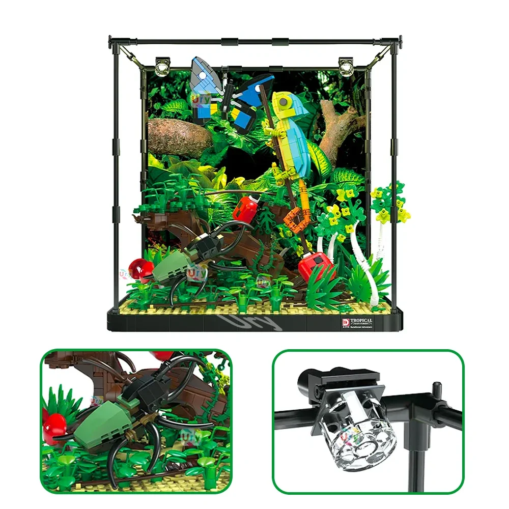 MOC Tropical Rainforest Tree Frog Unicorn Beetle Display Box with Led Light Chameleon Insect Models Building Block Toy for Kids