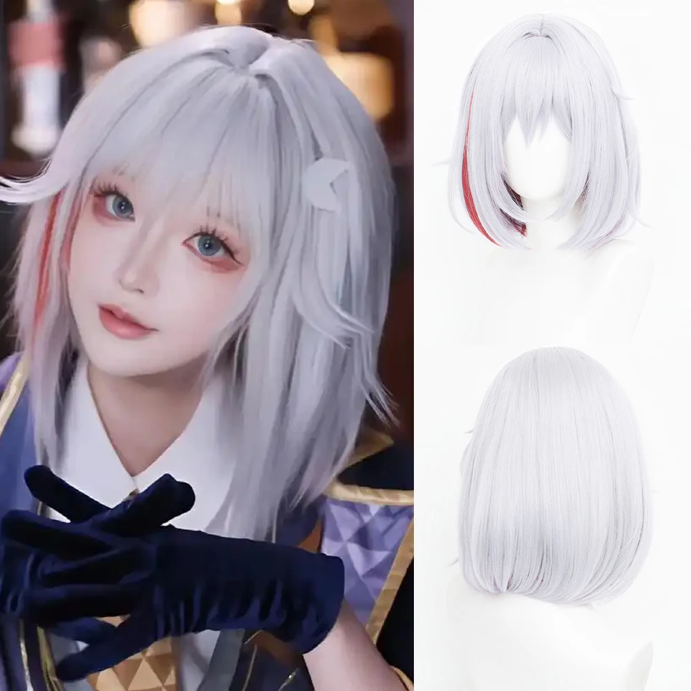 

Silver White Highlights Red Synthetic Straight Wigs with Bangs Short Fluffy Women Anime Game Cosplay Wig for Daily Party