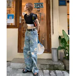 Pantalones vaqueros estampados de moda para niñas, pantalones vaqueros de pierna ancha para niñas, pantalones ajustados de cintura alta para mujeres, pantalones vaqueros holgados, primavera y otoño
