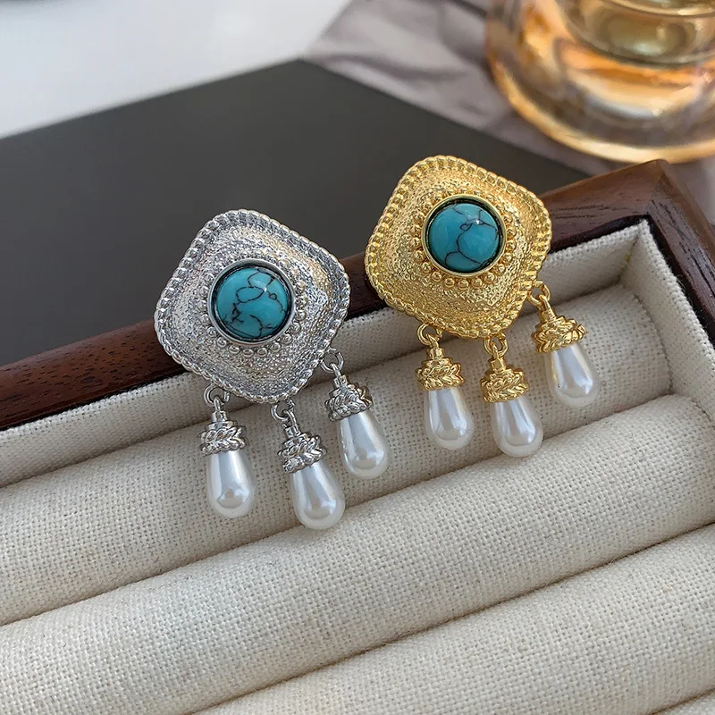 Vintage Diamond Shape Turquoise Fringe Earring Exaggerated Trendy Style Imitated Pearl Girls Delicate Tassels Jewelry for Women