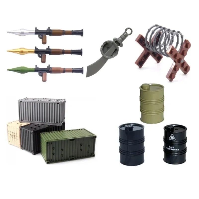 Building Blocks Military Scene Weapon Pack Accessories Rocket Launcher Saber Roadblock Oil Bucket Kids Toy Gifts