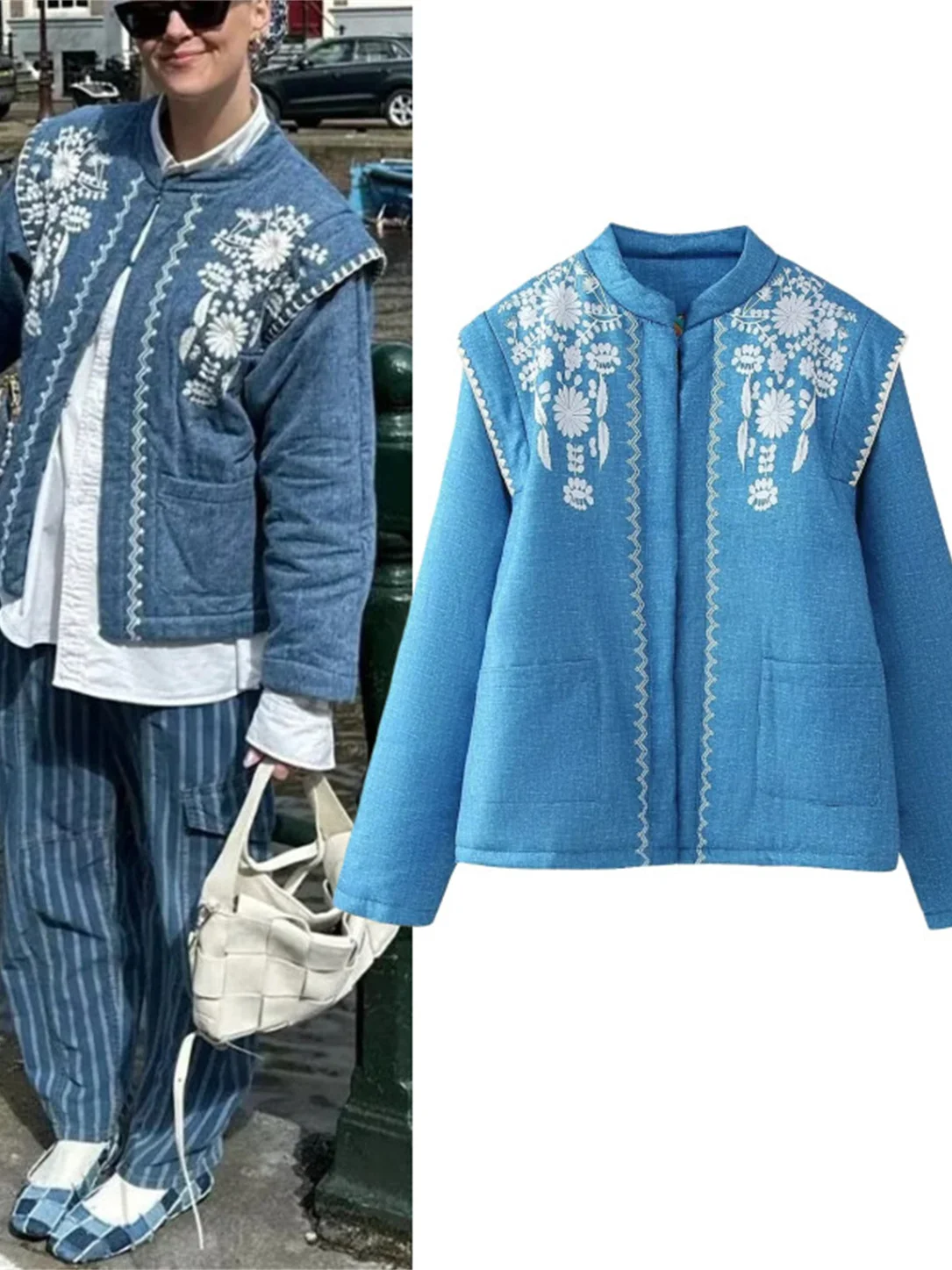 Faionable rond Ne Long Sve imprimé Denim couleur coton Jaet femmes automne hiver nouveau Sle ethnique Sle vêtements d'extérieur