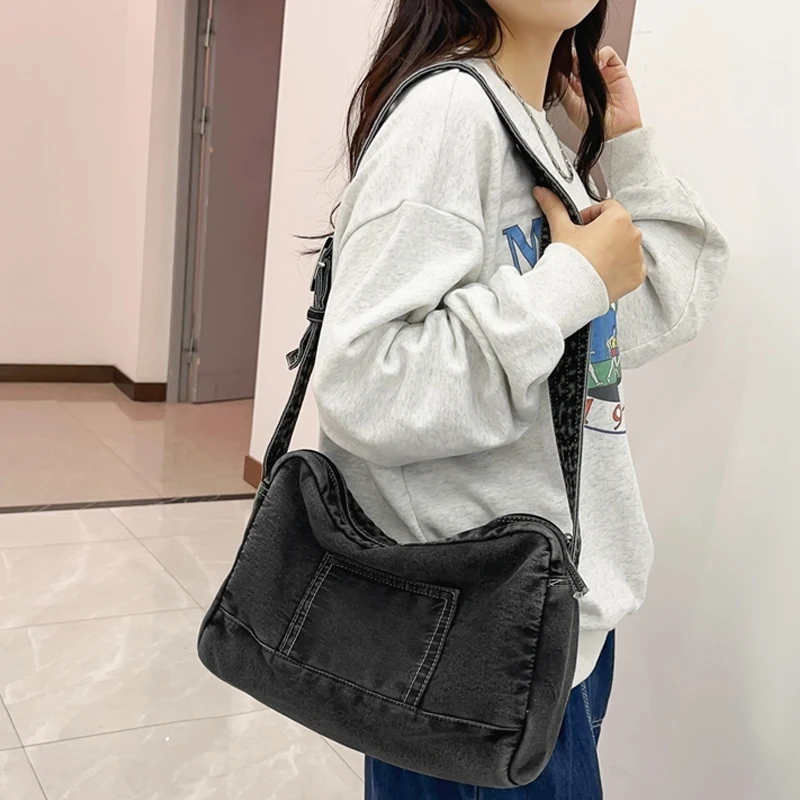 Black Denim Women\'s Bag New Jeans Messenger Bag Y2K Shoulder Bag Belt Eco Bag Korean Shopping Satchels Canvas Handbags Vintage