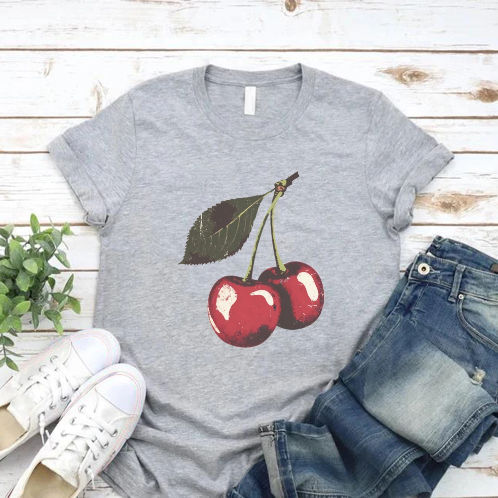 Vintage Cherry Shirt Tee Fruit Tshirt Summer Women T-shirts Casual Short Sleeve Tshirts Cherry Lover Gift Retro Women Clothes