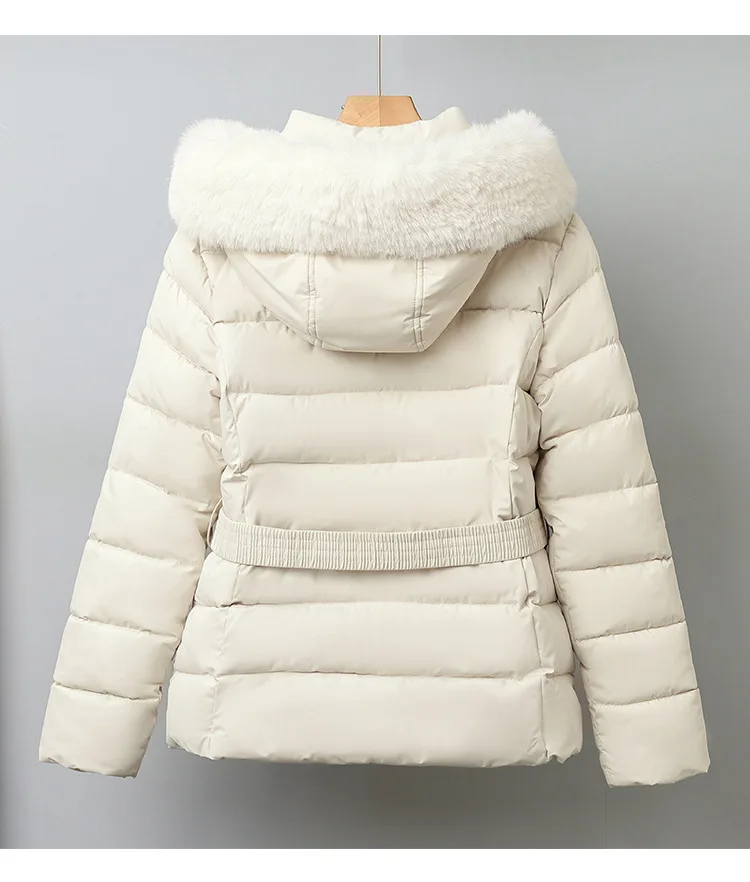 Winter Solid Color Long-sleeved Fur Collar Hooded Short Down Cotton Jacket Women's Slim Winter Thickened Versatile Warm Jacket