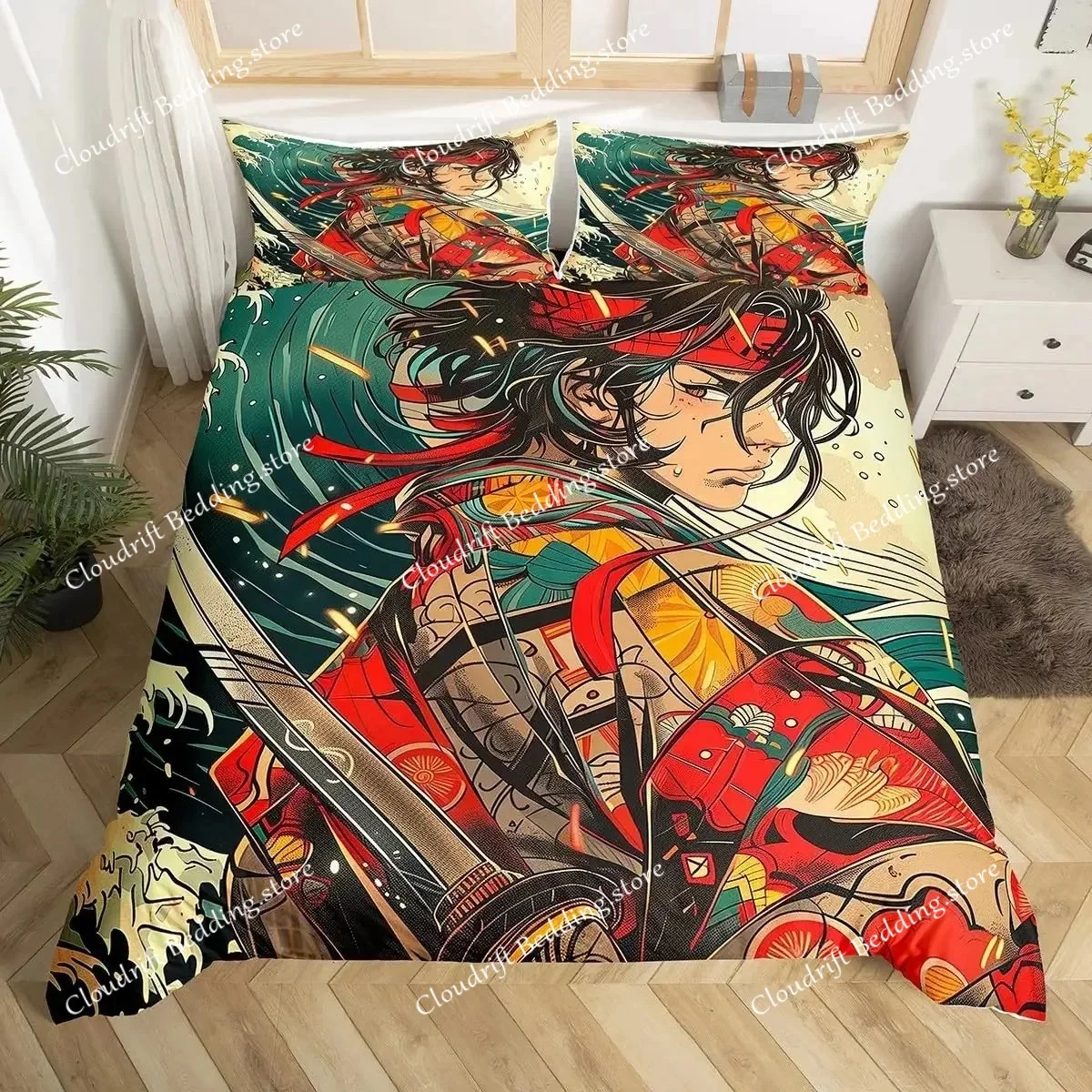 Fashion Japanese Samurai Bedding Set Full Size Cherry Blossoms Duvet Cover Red Sun Hokusai Comforter Fuji Mountain Quilt Cover