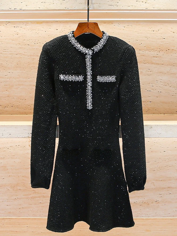 Dr lavorato a maglia di lusso con gonna a trapezio a vita alta Diamo impreziosita Ele Chic Sle Fibra di poliestere Lunga Sve