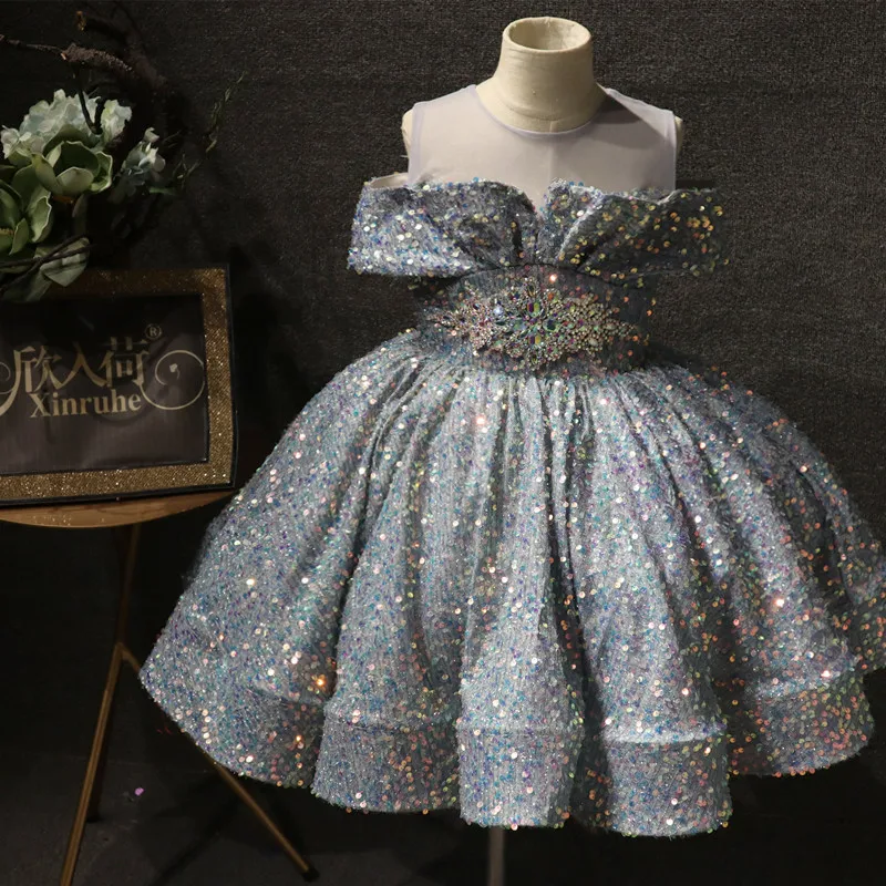 Puffy Flower Girl Dresses Beading Sequins Communion Dress Tulle Sashes Ball Gown Girl Party Dress New Year 2023