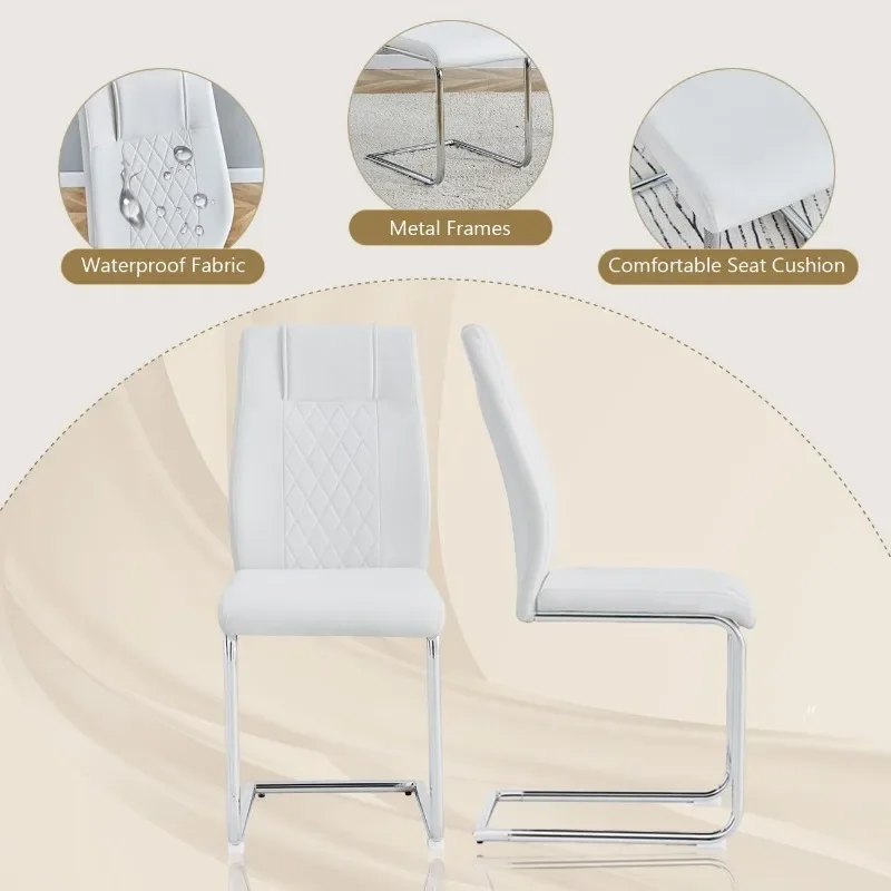 55‘’ Modern  Table Set for 6, Rectangle Dining Room Table with 6 White Upholstered Dining Chairs for Kitchen