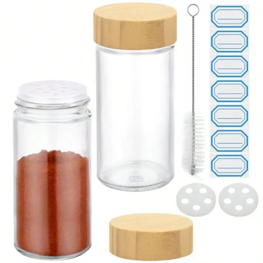 3oz Spice Jar With Bamboo Shaker Lids 2 Pack Round Spices Jars For Herbs Grains Storage 90ml Empty Glass Small Seasoning Containers Set Clear Salt Pepper Shakers With 7 Stickers And 1 Brush