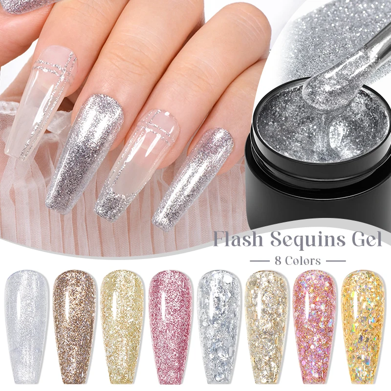 MEET ACROSS 8ml Flash Sequins Gel Nail Polish Gold Silver Pink Painting Gel Liner gel For Nails Glitter UV Nail Glue Nail Art