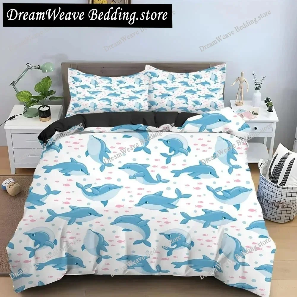 Bule Dolphin Whale King Queen Duvet Cover Underwater World Bedding Set Cartoon Sea Animal Comforter Cover Polyester Quilt CoverF