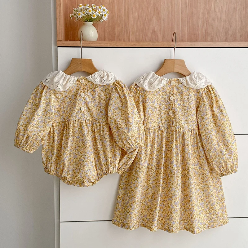 2026 New Spring Sister Dress Kids Princess Dresses Long Sleeved Cotton Print 2-6Yrs Girl Party Dress Baby Girl Romper