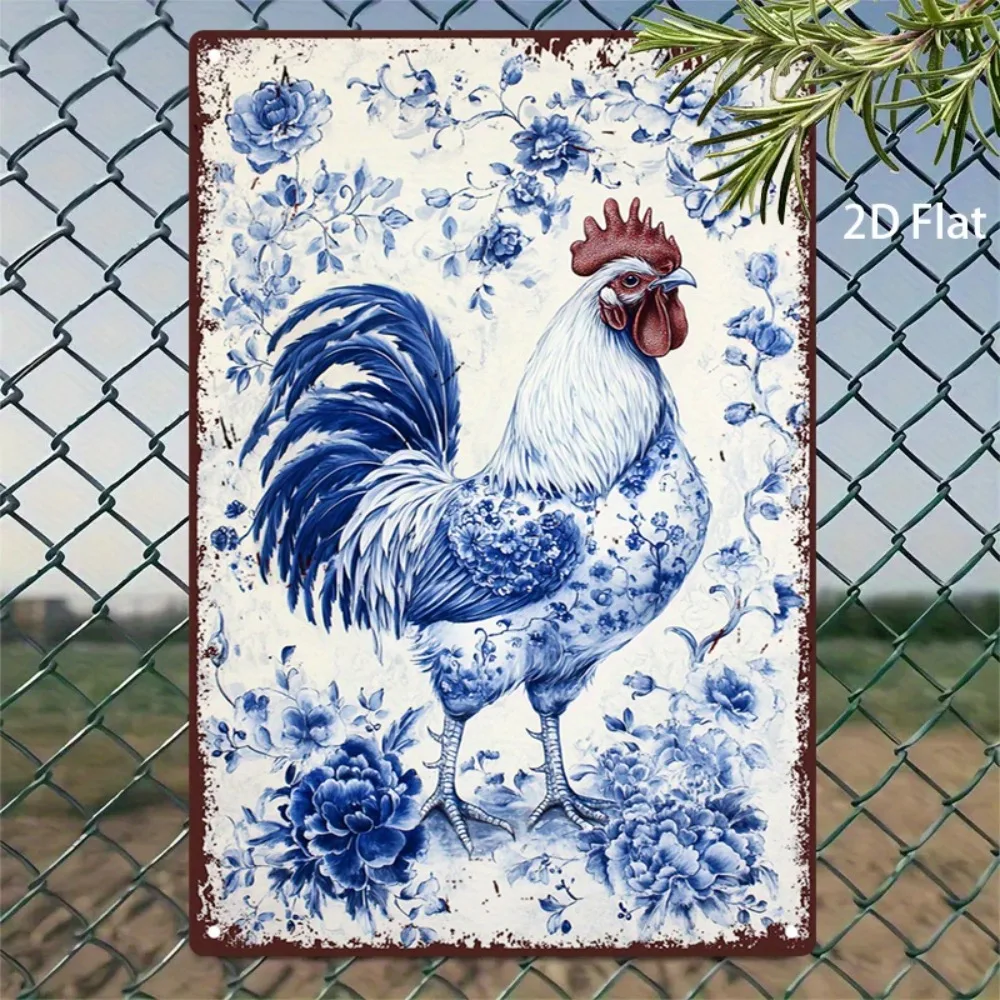 Vintage Metallschild mit Hahn und Blumenmotiv |   20x30 cm Blau-Weiß-Rote Rustikale Wanddekoration für Café & Strandhaus