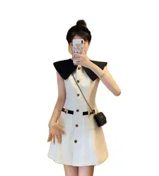 Summer 2024 New Women's Sleeveless Doll Face Single Breasted Medium White Dress Party Robe Femme