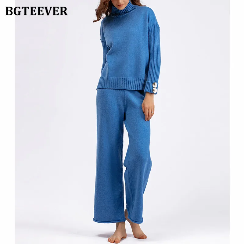 BGTEEVER Winter Turtleneck Sweater Set for Women Thick Pullovers Jumpers Female Wide Leg Knitted Pants Ladies Knitting Suits