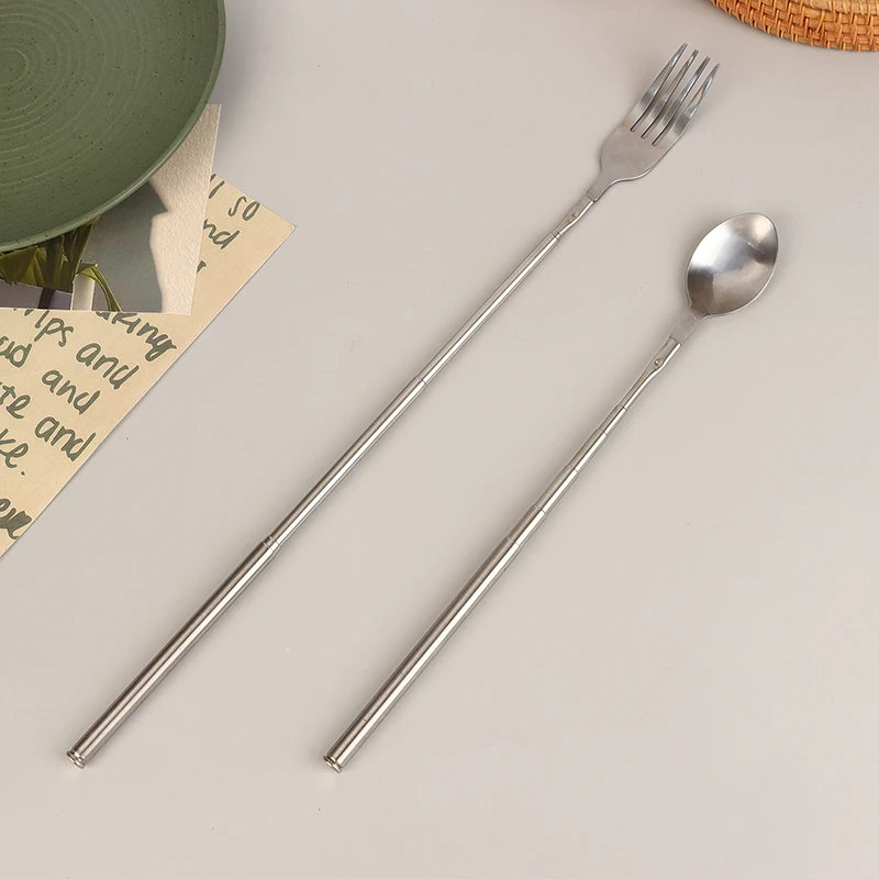 Dinner Fork Stainless Telescopic Extendable Fork Spoon Fruit Dessert Long Cutlery ForkBBQ Meat Fork Kitchen Dinnerware Tableware