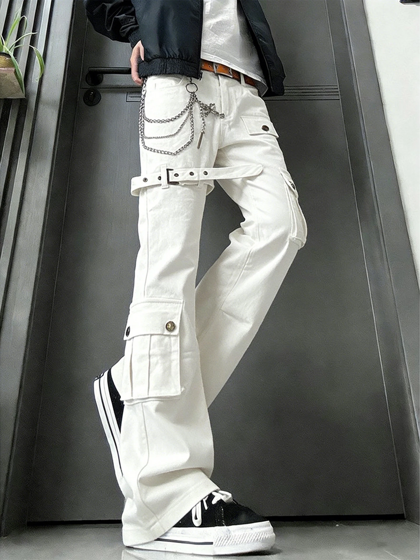 

Cleanfit White Belted Flared Jeans Men's American High Street Style Straight Leg Knife Workwear Trousers Youth Fashion