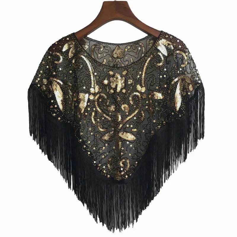 

Women 1920s Sequined Shawl with Tassels Beaded Pearl Fringe Sheer Mesh Wraps Retro Flapper Bolero Cape Cover Up