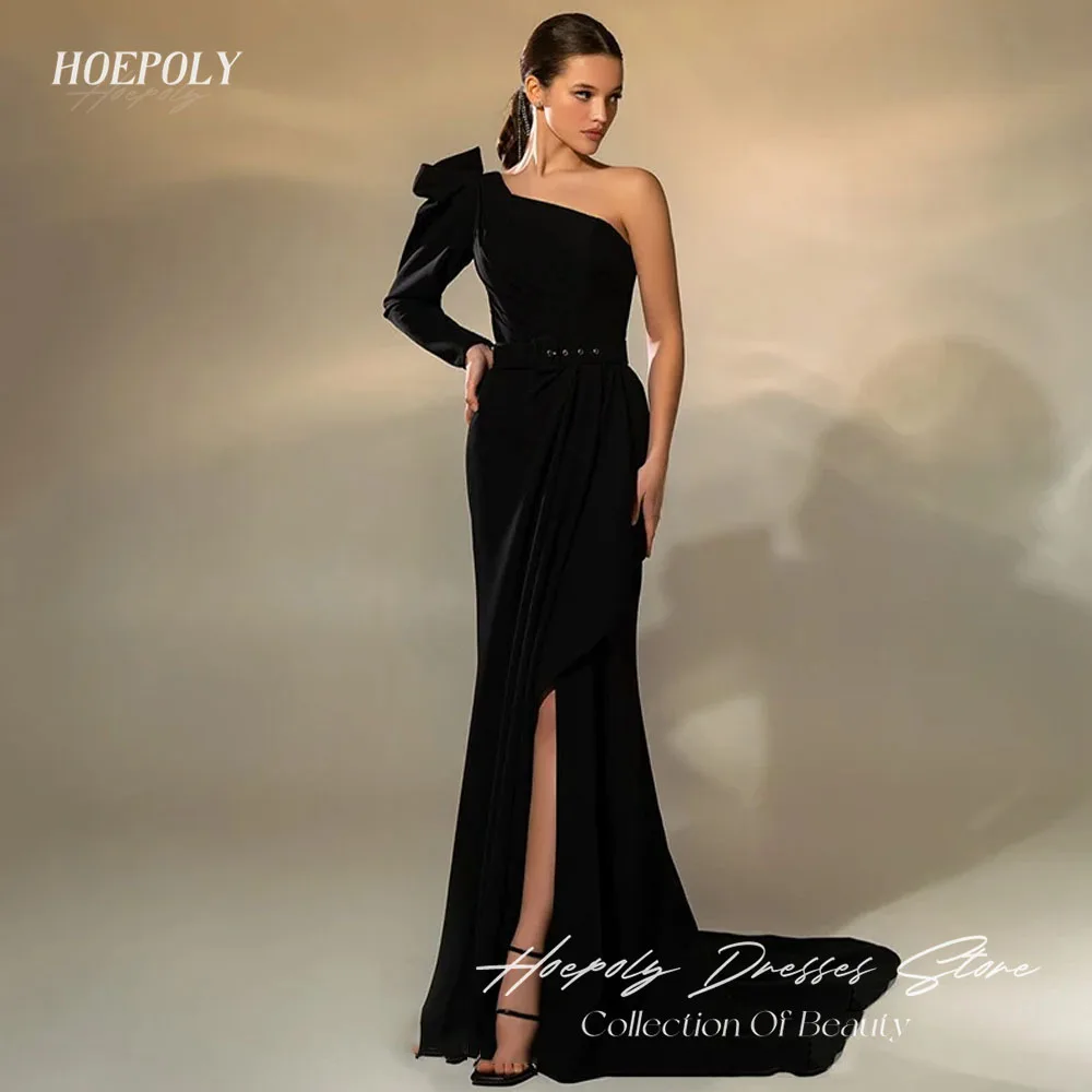 Hoepoly Yellow Mermaid Prom Gowns One Shoulder Puff Sleeve Pleated Sexy Party Dresses Sleevless High Split Evening Dresses 2023