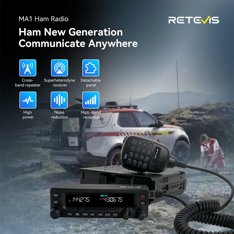 Retevis MA1 Car Radio with Screen 50W VHF UHF Dual Band Ham Radio AM FM Mobile Radio Station Transceiver Multi-band Reception