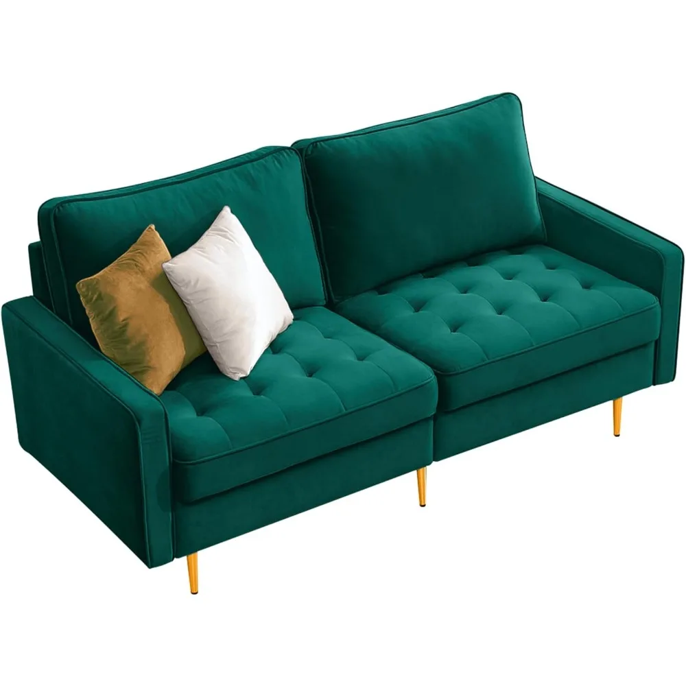 Emerald Green Velvet Fabric Sofa Couch, 70 inch Wide Mid Century Modern Living Room Couch 700lb Heavy Duty with 2 Throw Pillows