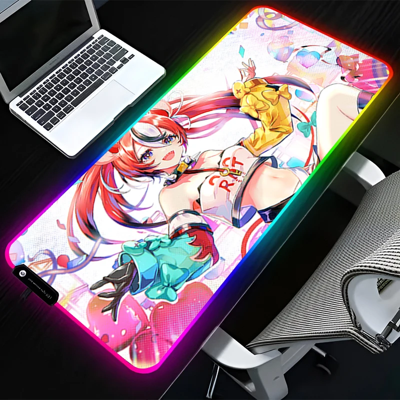 RGB LED Mouse Pad Computer Gamer Accessories Mouse Mat Rubber HD Keyboard Pad Non Slip H-hololive Hakos Baelz Mousepad Desk Mat