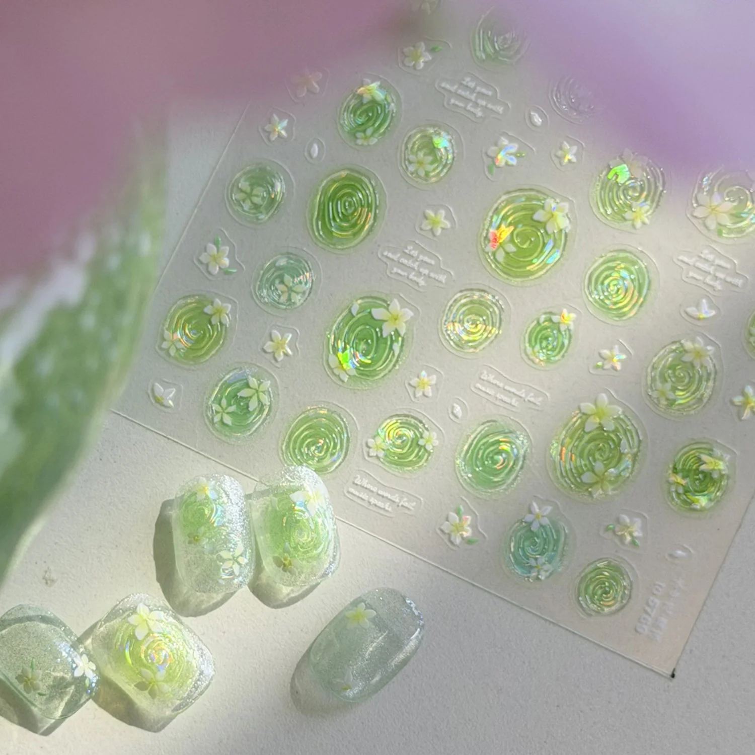5D Fresh Spring Nail Sticker Lime Jasmine Water Ripple Bubble Jasmine Petal Star Nail Decals Refreshing Green Manicure Nail Art