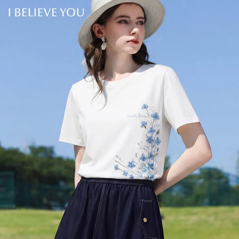I BELIEVE YOU White Short Sleeve Round Neck T-Shirt 2026 Summer New Flower Printed Embroidered Casual Top For Women 2262016278
