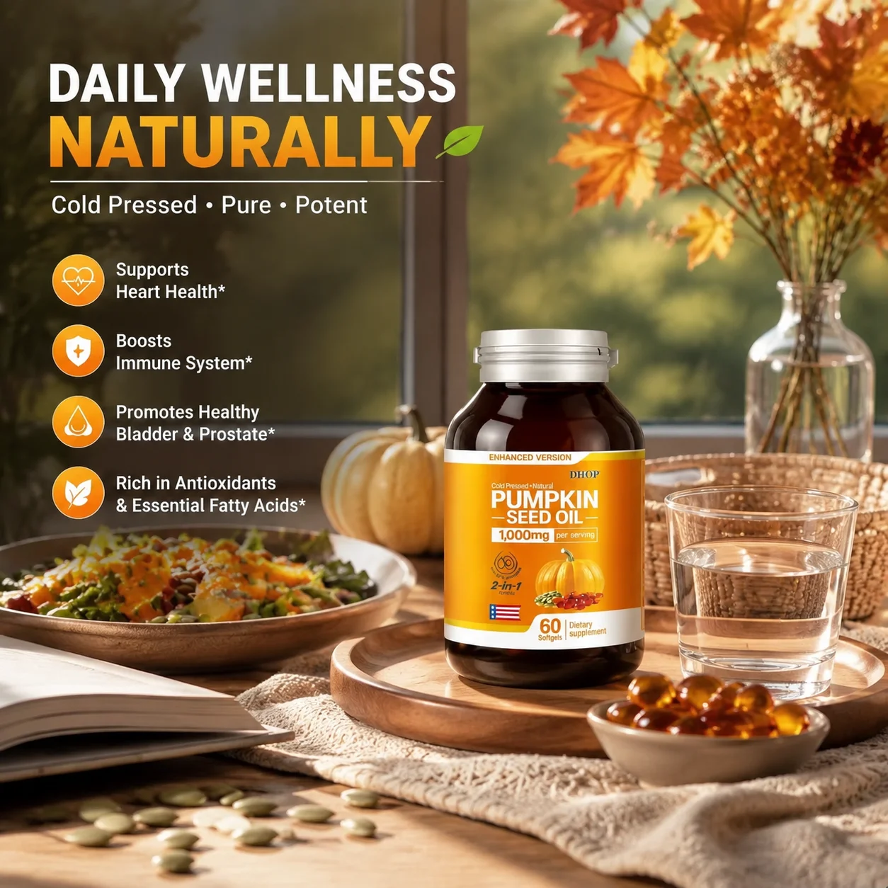 

DHOP Pumpkin Seed Oil Softgels 2 in 1 Saw Palmetto 1000mg Cold Pressed Natural Prostate Support Men Health 60 Softgels