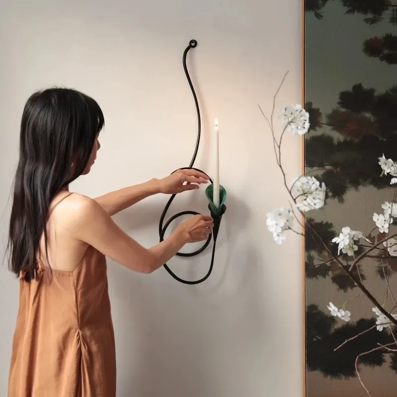 Handmade wrought iron calla lily wall hanging art candle holder, French medieval candle holder ornament