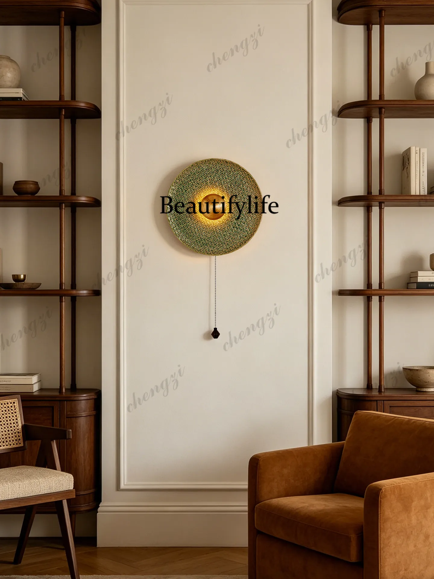 Medieval green ceramic wall lamp Original woven pattern disc wall lamp Living room background wall Bedroom