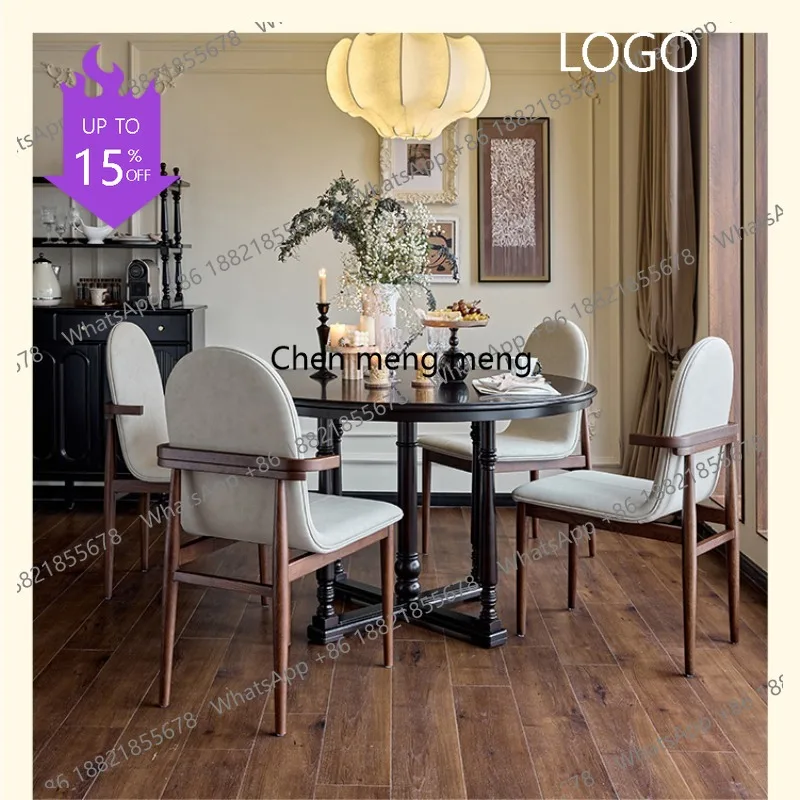 

K178 French solid wood retro dining table and chairs household medieval round table living room American country furniture