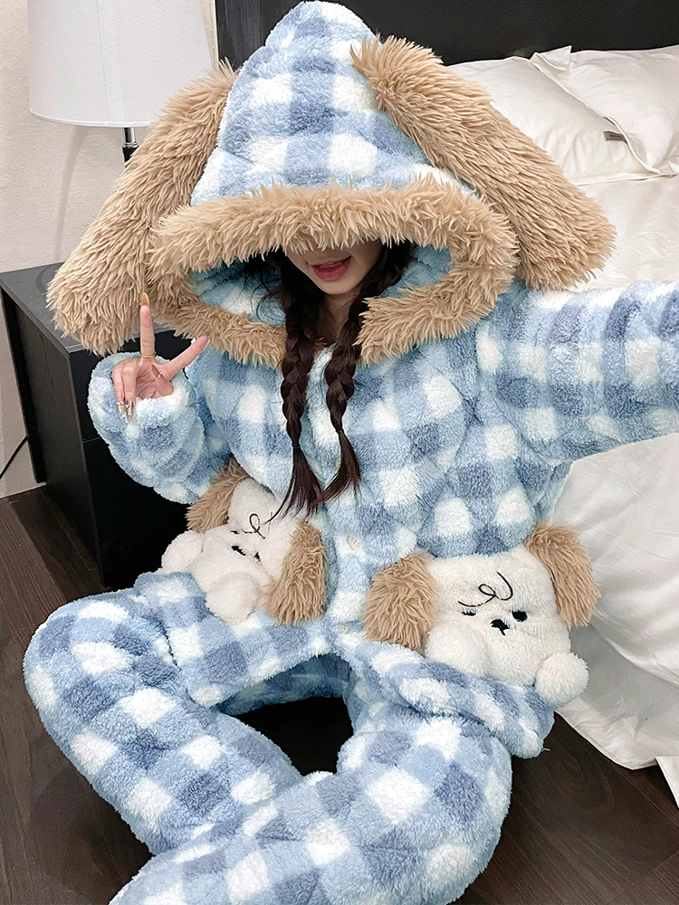 winter-thiened-tee-layer-cotton-spwear-blue-cartoon-plaid-dog-warm-coral-fce-women's-home-clothes-pyjamas-set