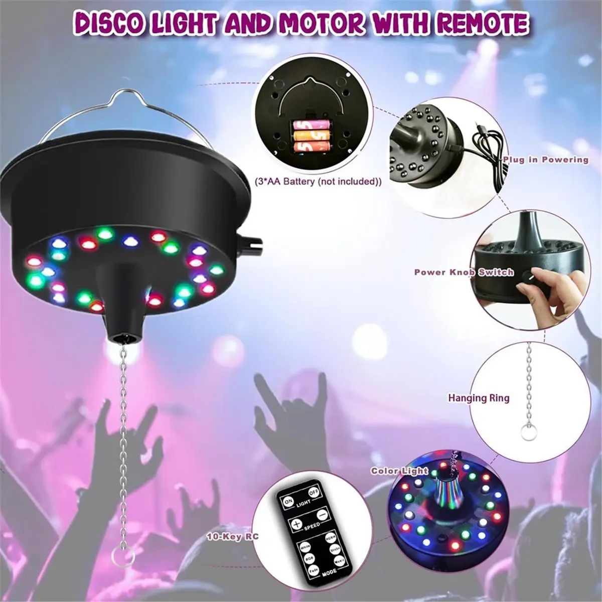 Remote Rotating Disco Ball Motor,Light Up Spinner 23 LED Mirror Rotator for Home Decor(Not Included Ball)