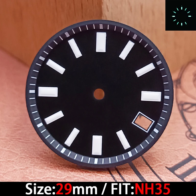 Das hochwertige 29-mm-Zifferblatt mit grün leuchtendem Kalenderzifferblatt eignet sich zum Austausch des Zifferblattes der NH35-Uhrwerk-Armbanduhr.