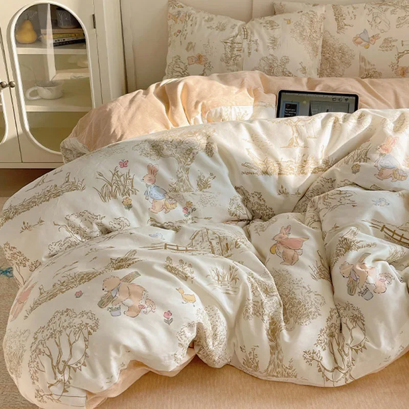 High Quality 100% Cotton Printed Bedding Set Cartoon Skin-Friendly Bedclothes for Four Seasons Naked Sleep Home Textile for Dorm