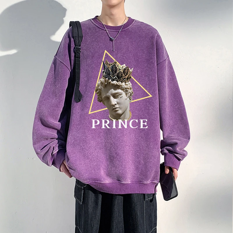 Prince Sculpture Print Distressed Retro Sportswears Mens Autumn Cotton Warm Clothes Simple Basics Versatile Washed Sweatshirt